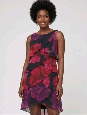 SLNY Fashions Women's Black Purple Pink Sleeveless Ruffled Chiffon Dress Size 10